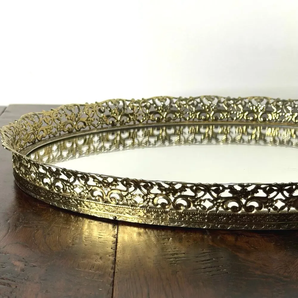 Vintage Gold Tone Filigree Mirrored Vanity Tray 13x10